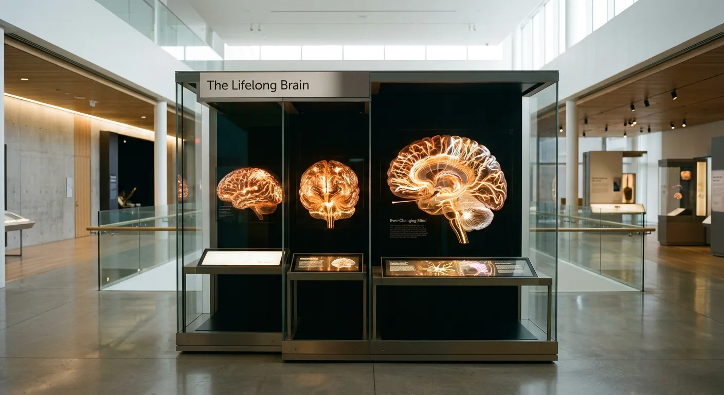 Exhibición de cerebro en museo de ciencia moderno con conexiones neuronales iluminadas