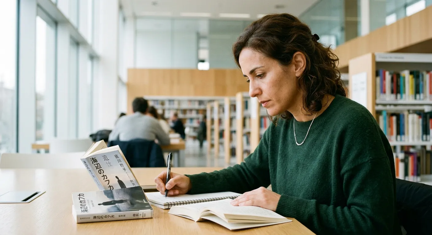 Castellana de 30 años leyendo libro japonés y tomando notas en biblioteca moderna