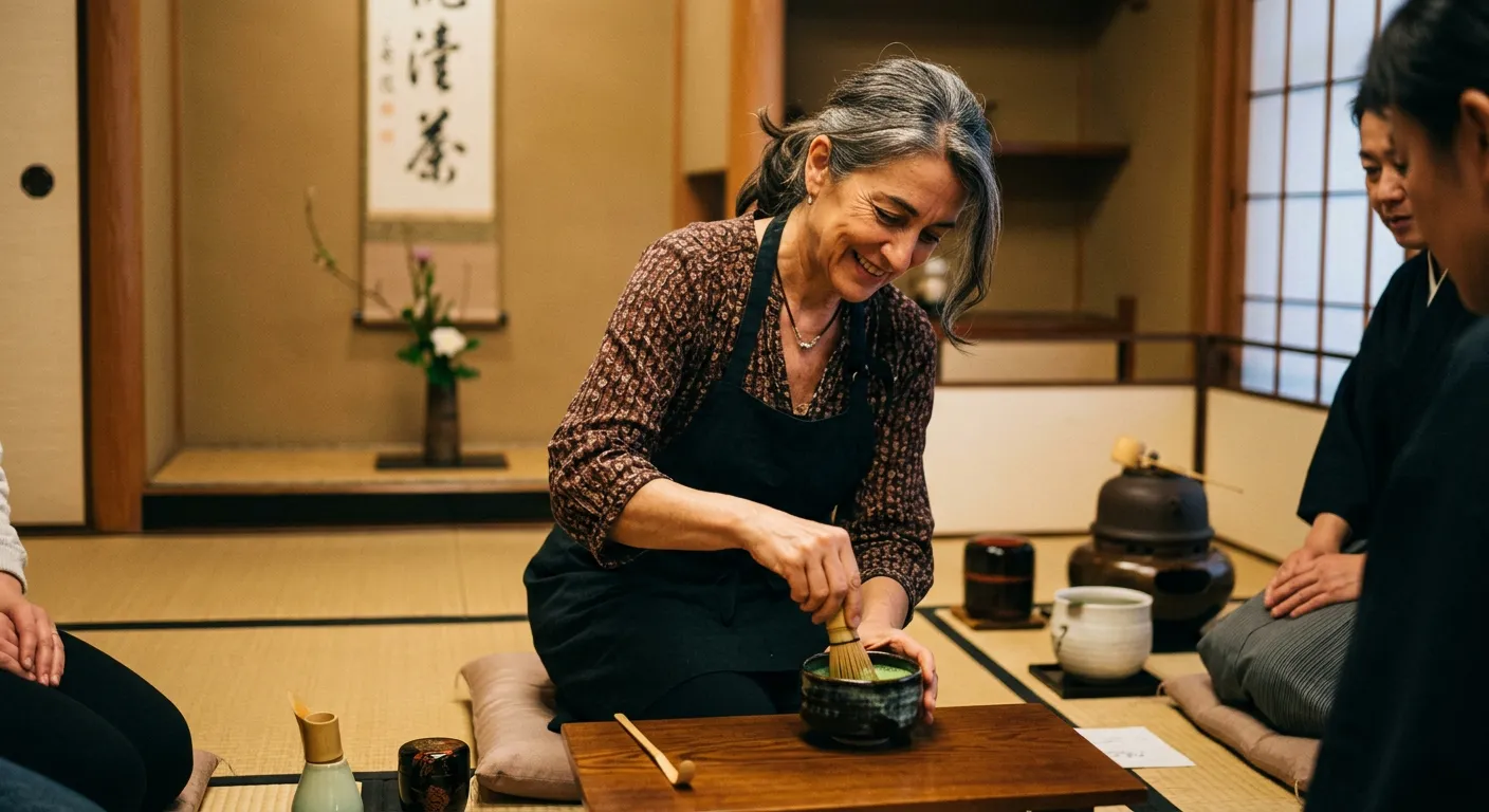 Castellana de 50 años participando en ceremonia del té japonesa preparando matcha