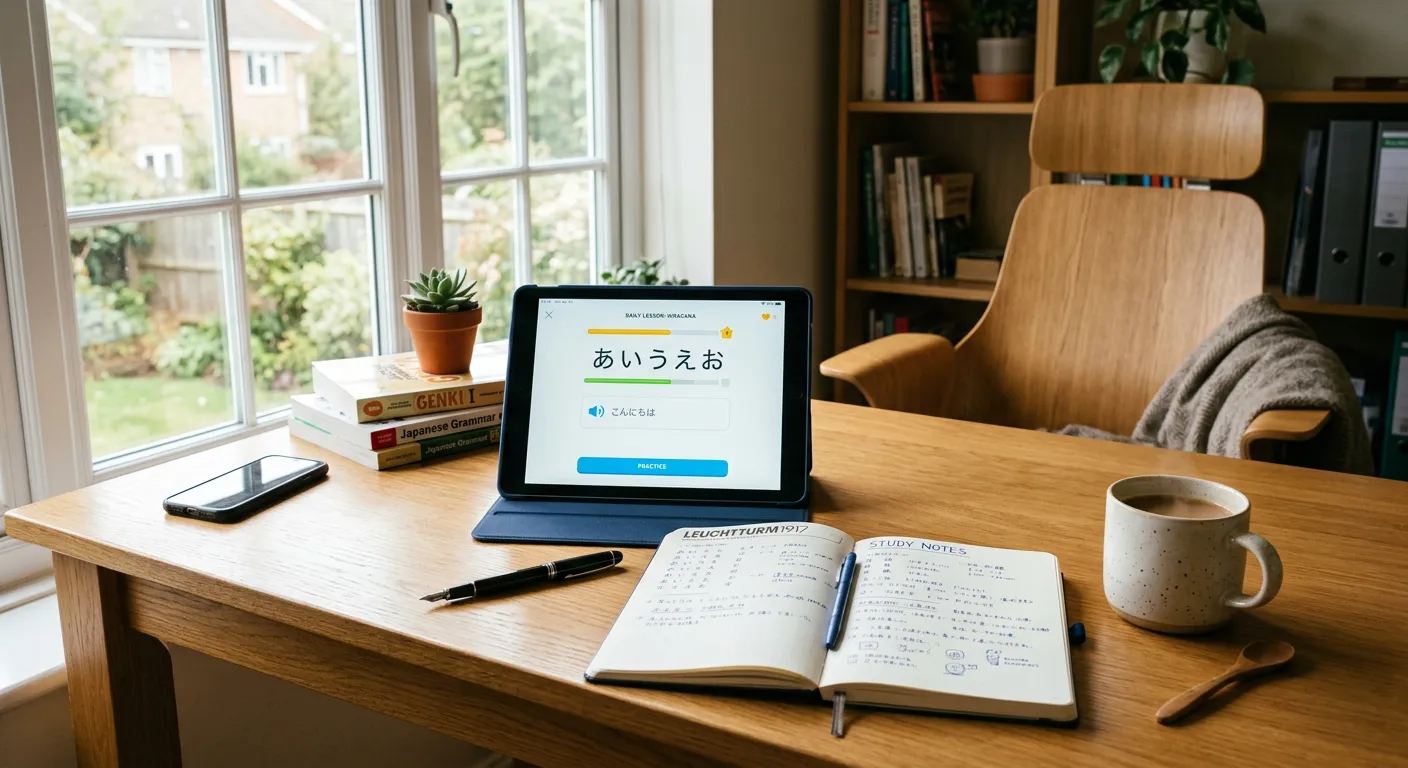 Home office moderno con tablet de app japonesa, cuaderno y café