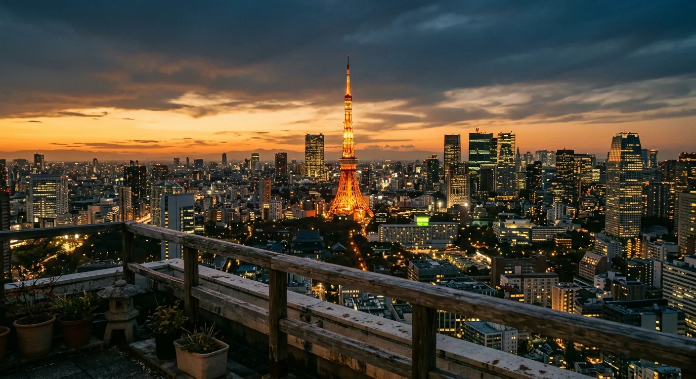 Tokyo Tower al atardecer con luz dorada cálida