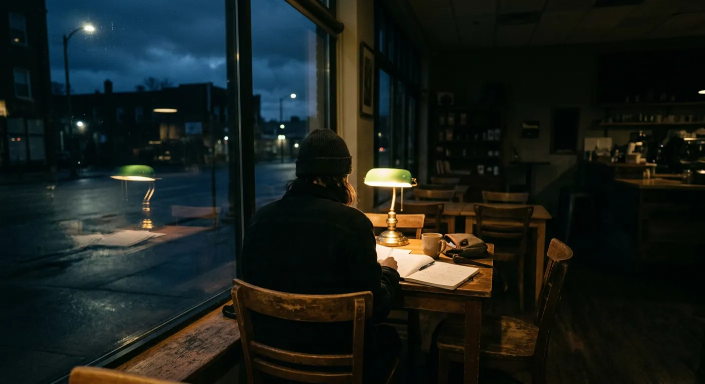Persona sola en un café vacío al amanecer con materiales de estudio iluminados por una lámpara