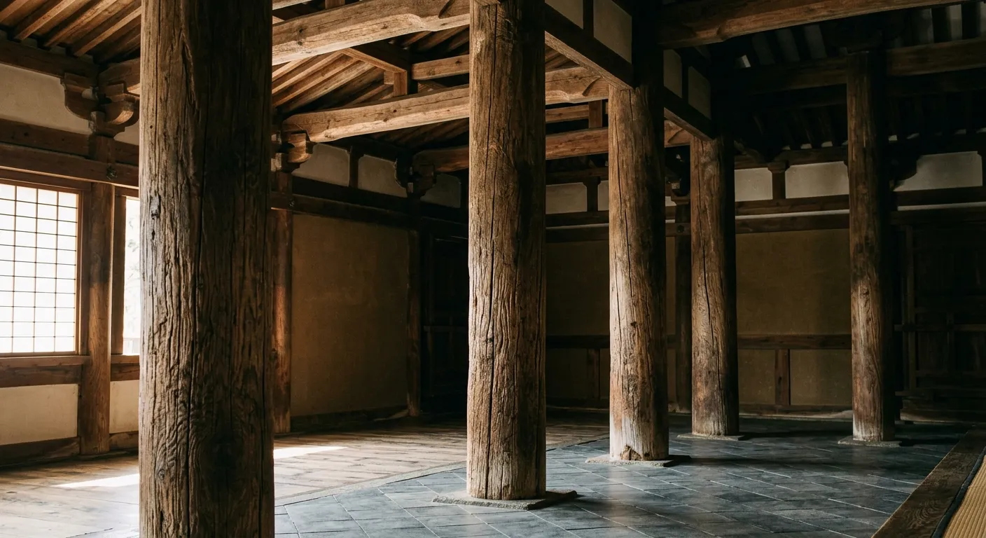 Pilares de madera de un templo japonés tradicional con luz matutina
