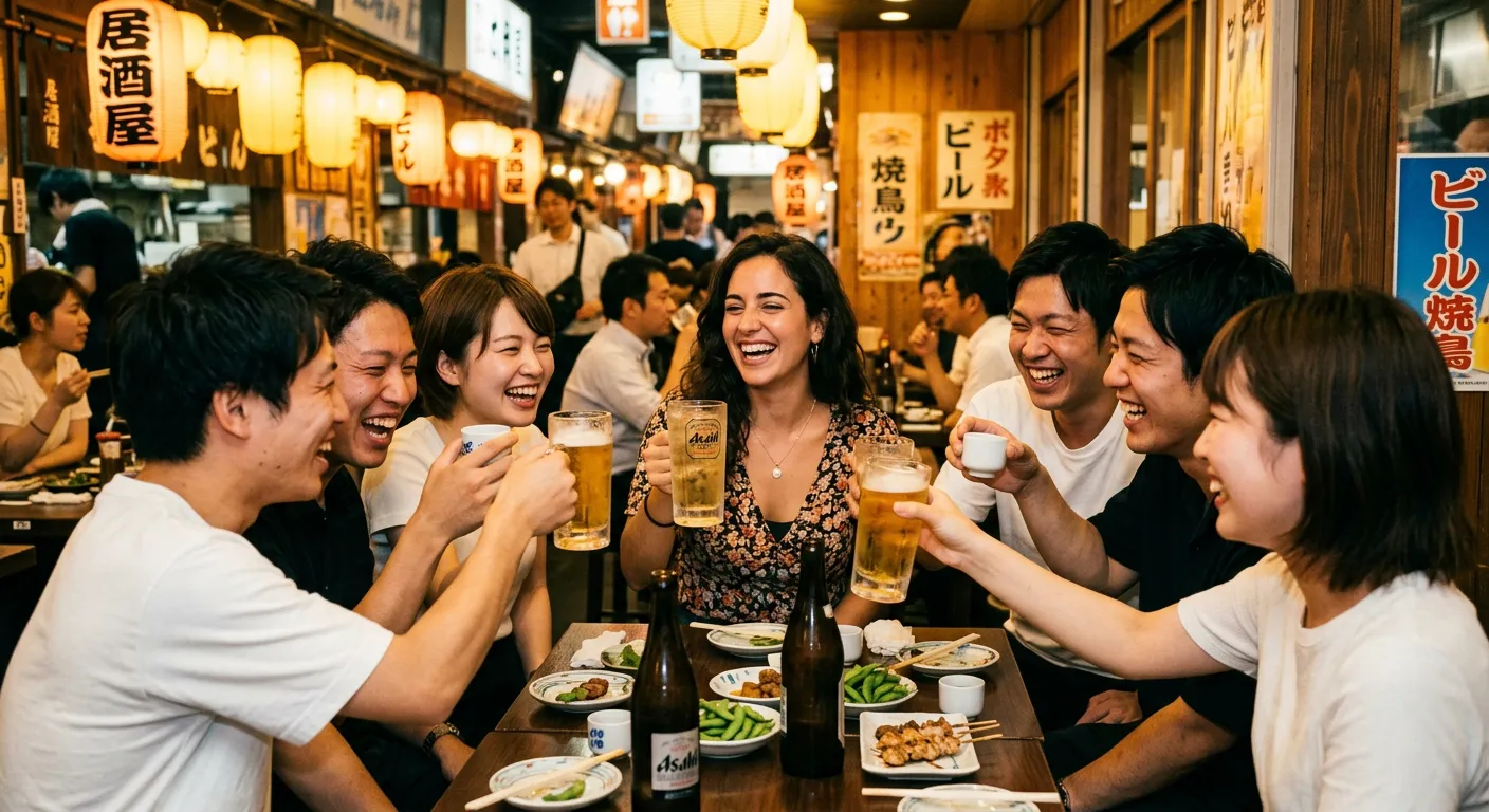 Joven castellana brindando alegremente con amigos japoneses en una izakaya