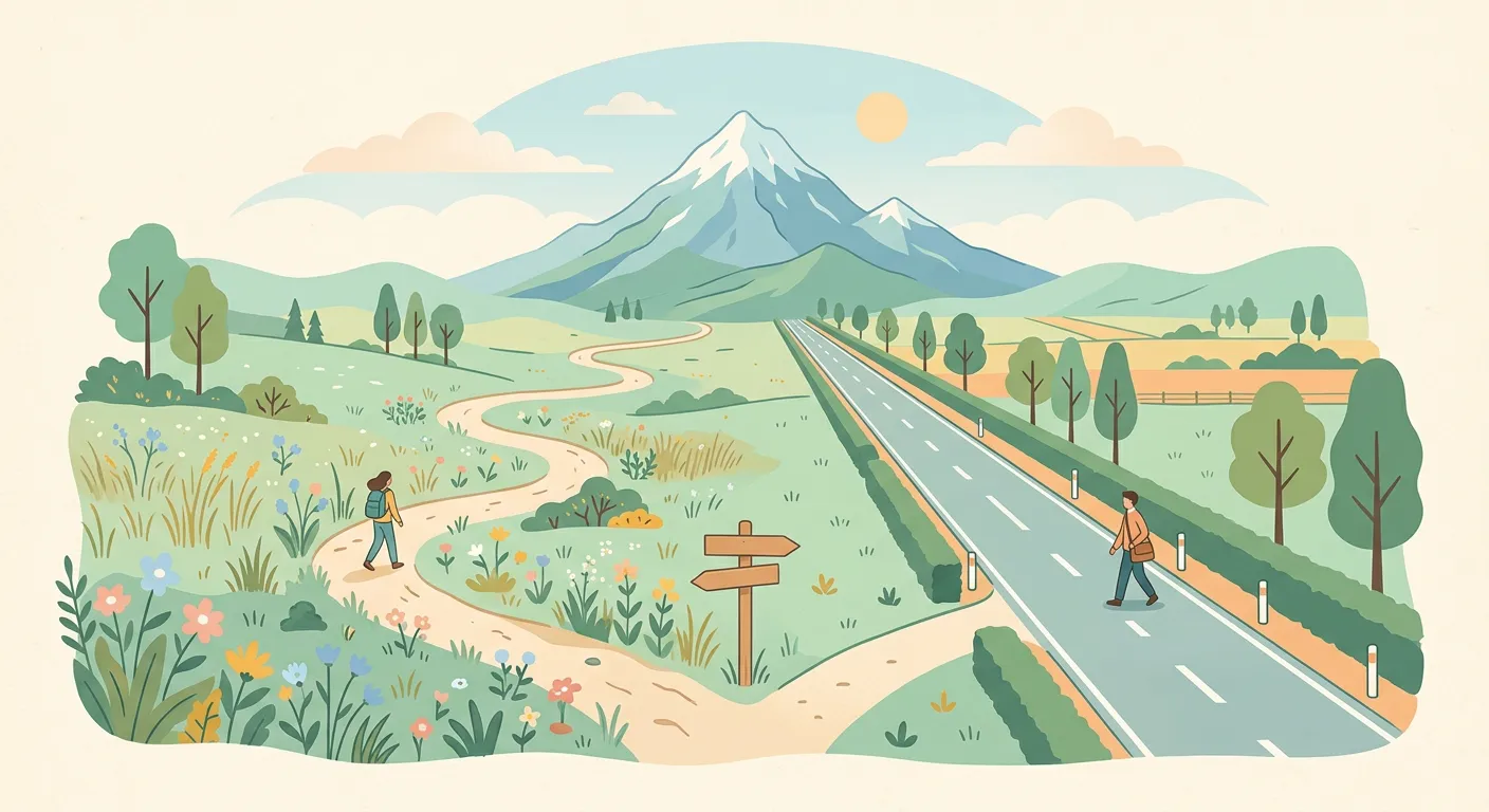 Ilustración de dos caminos divergentes que llevan a la misma cima de montaña