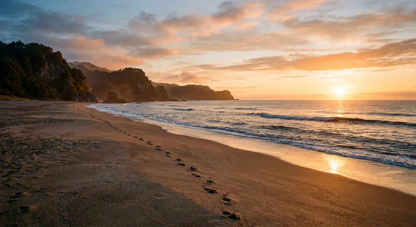 Costa japonesa al amanecer con huellas solitarias en la arena hacia el horizonte