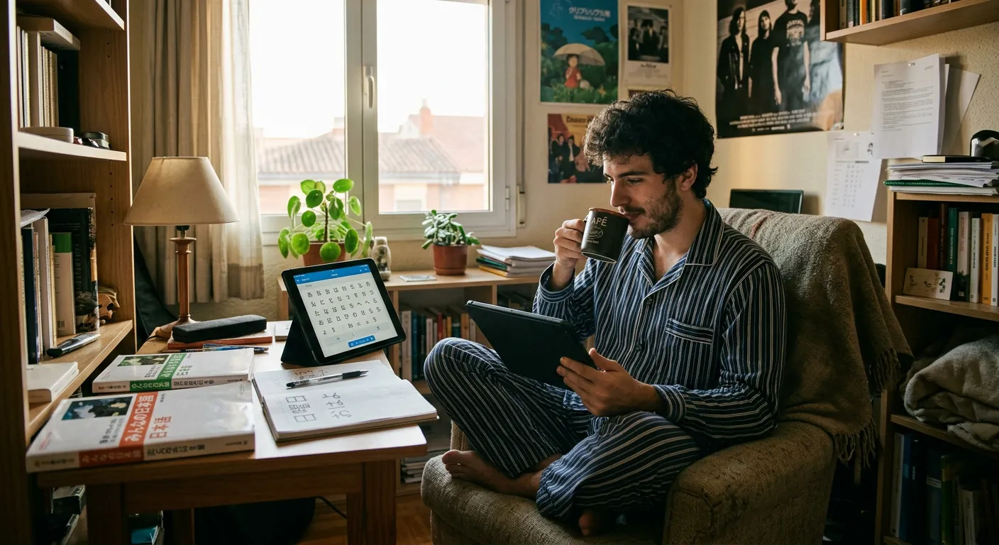 Joven castellano estudiando japonés en pijama con café y tablet por la mañana