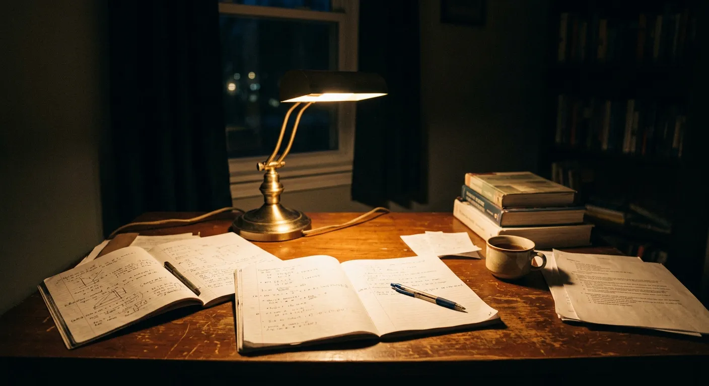 Escritorio nocturno con solo una lámpara iluminando cuadernos dispersos