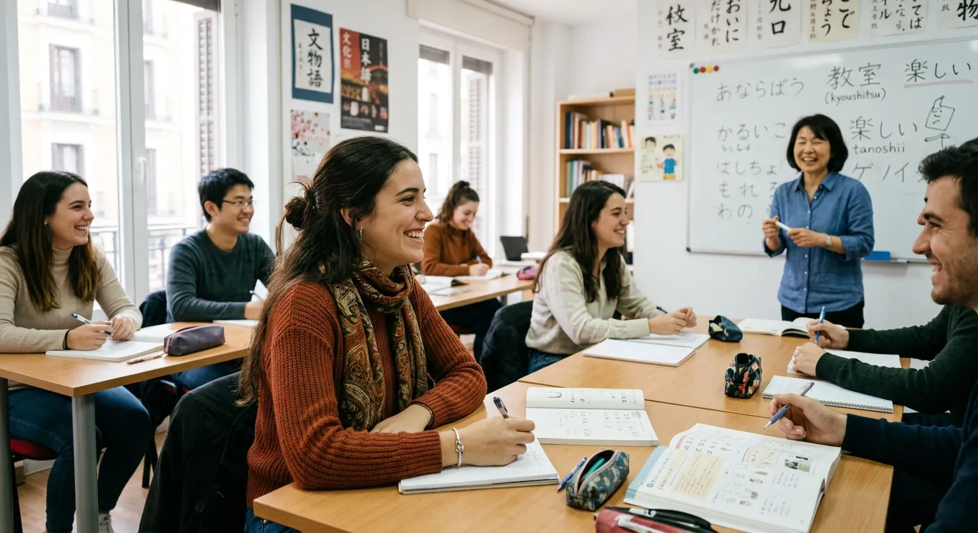 Joven castellana en clase de japonés con otros estudiantes y profesor en pizarra