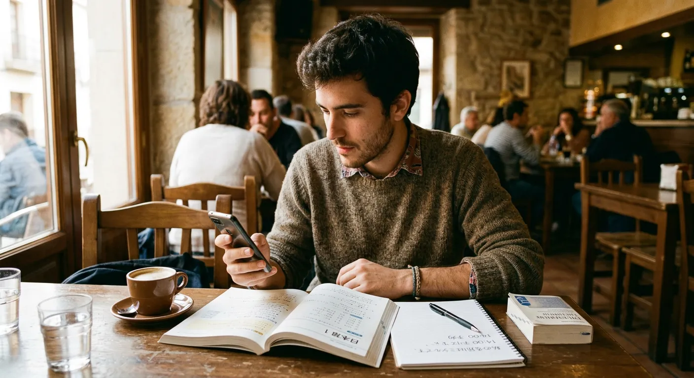 Joven castellano en café estudiando solo mientras reserva clase online en smartphone