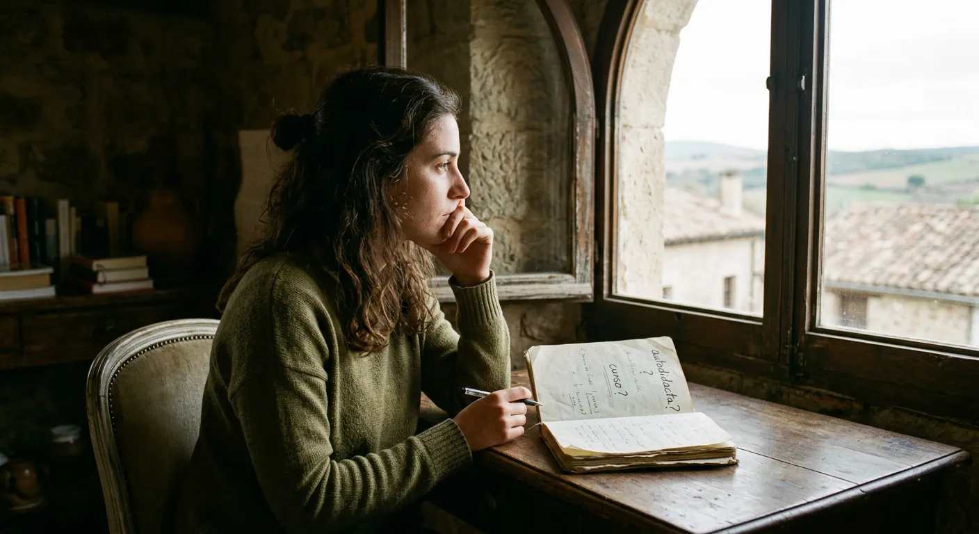 Joven castellana pensativa junto a ventana con cuaderno abierto reflexionando