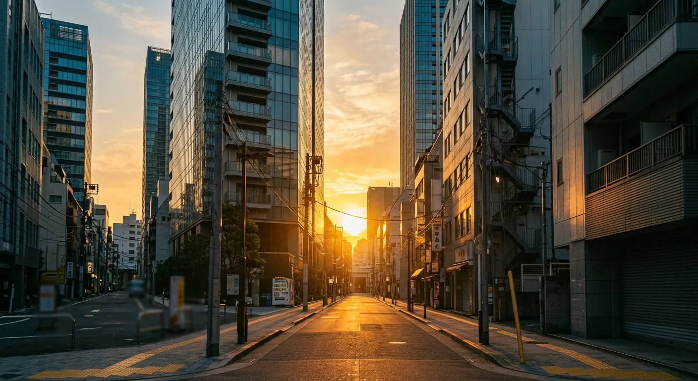Mañana en Tokio con luz dorada entre edificios modernos