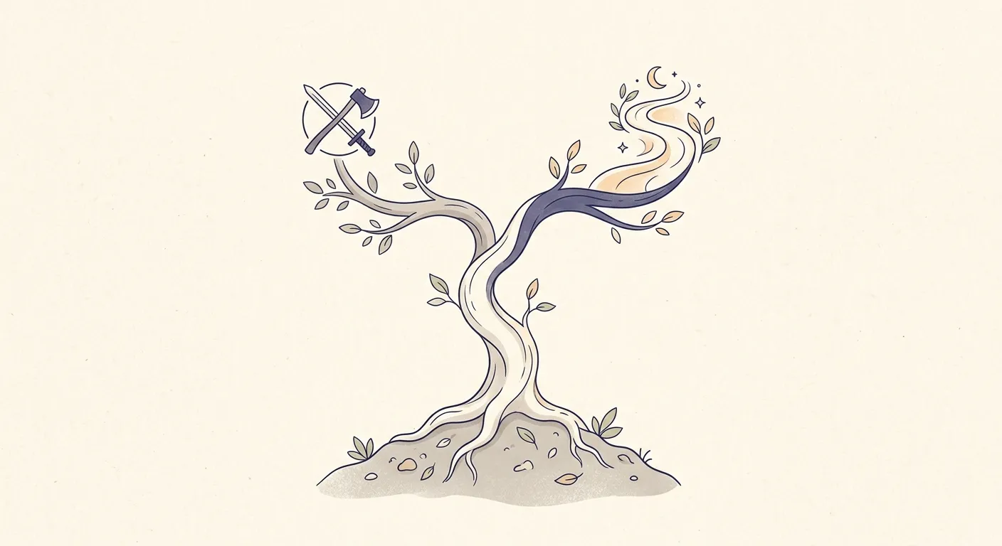 Ilustración minimalista de una raíz que se divide en técnica y camino espiritual, bujutsu y budō de la misma raíz