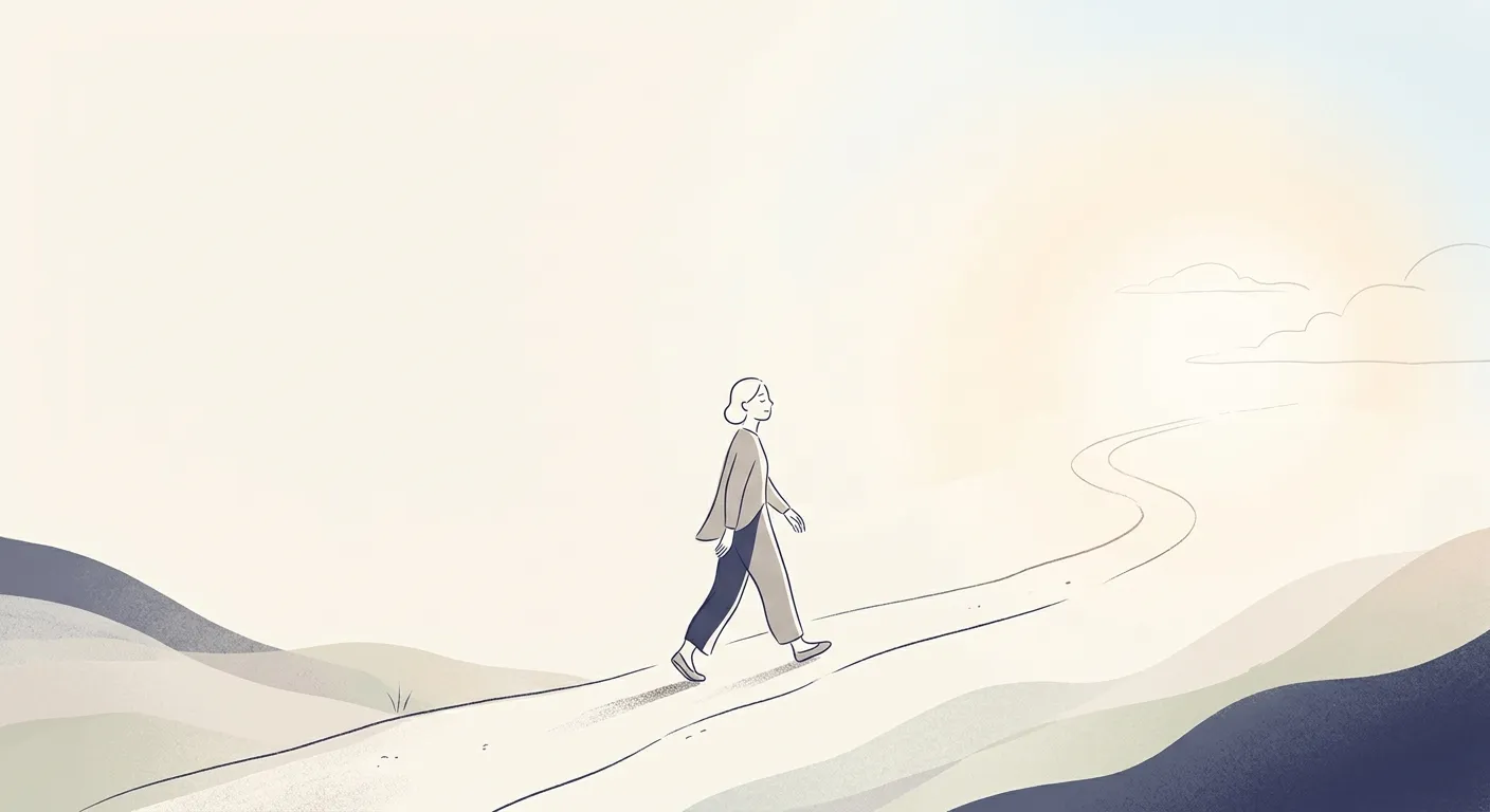 Ilustración minimalista de una figura caminando por un sendero hacia la luz, el budō como camino para ser humano