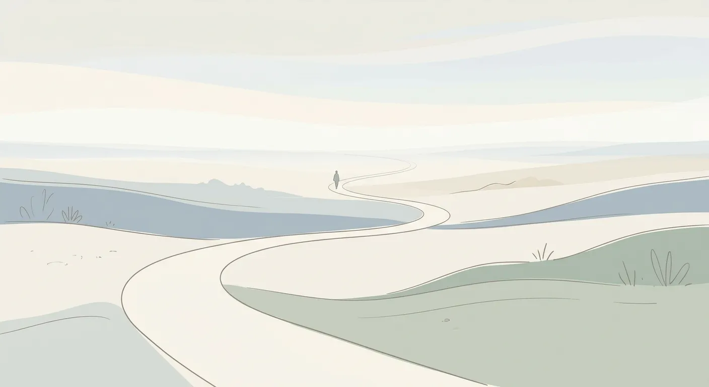 Ilustración minimalista de un camino que se extiende hacia el horizonte sin fin, el dō que nunca termina