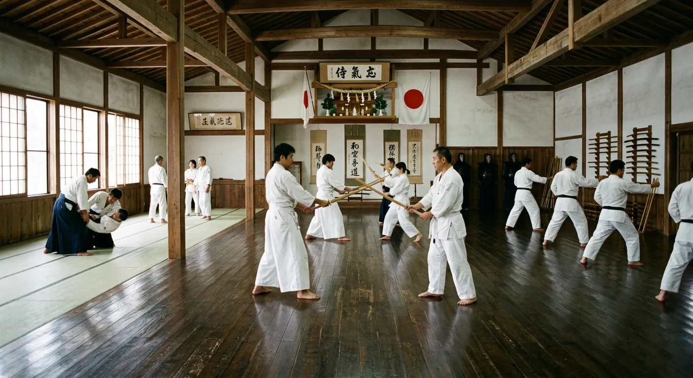 Practicantes entrenando distintas disciplinas en un amplio dojo tradicional, vista panorámica de las artes marciales