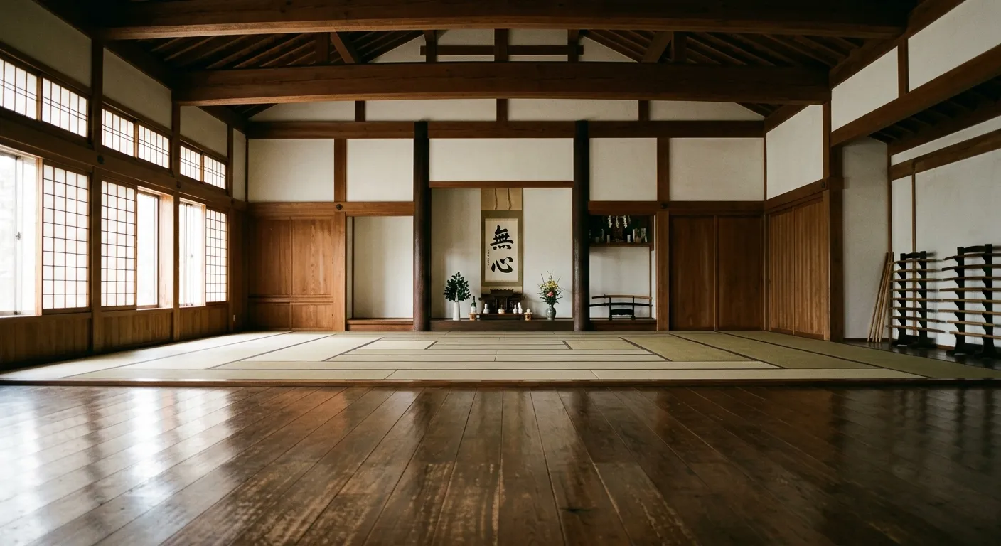 Interior sereno de un dojo tradicional vacío con suelo de madera pulida, el lugar sagrado del entrenamiento