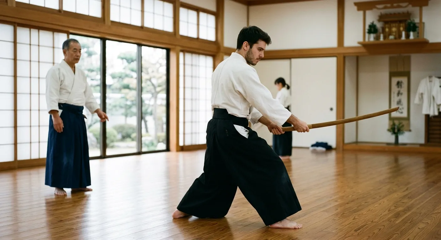 Joven hispanohablante practicando budō con un instructor japonés en un dojo, el budō en el mundo hispanohablante