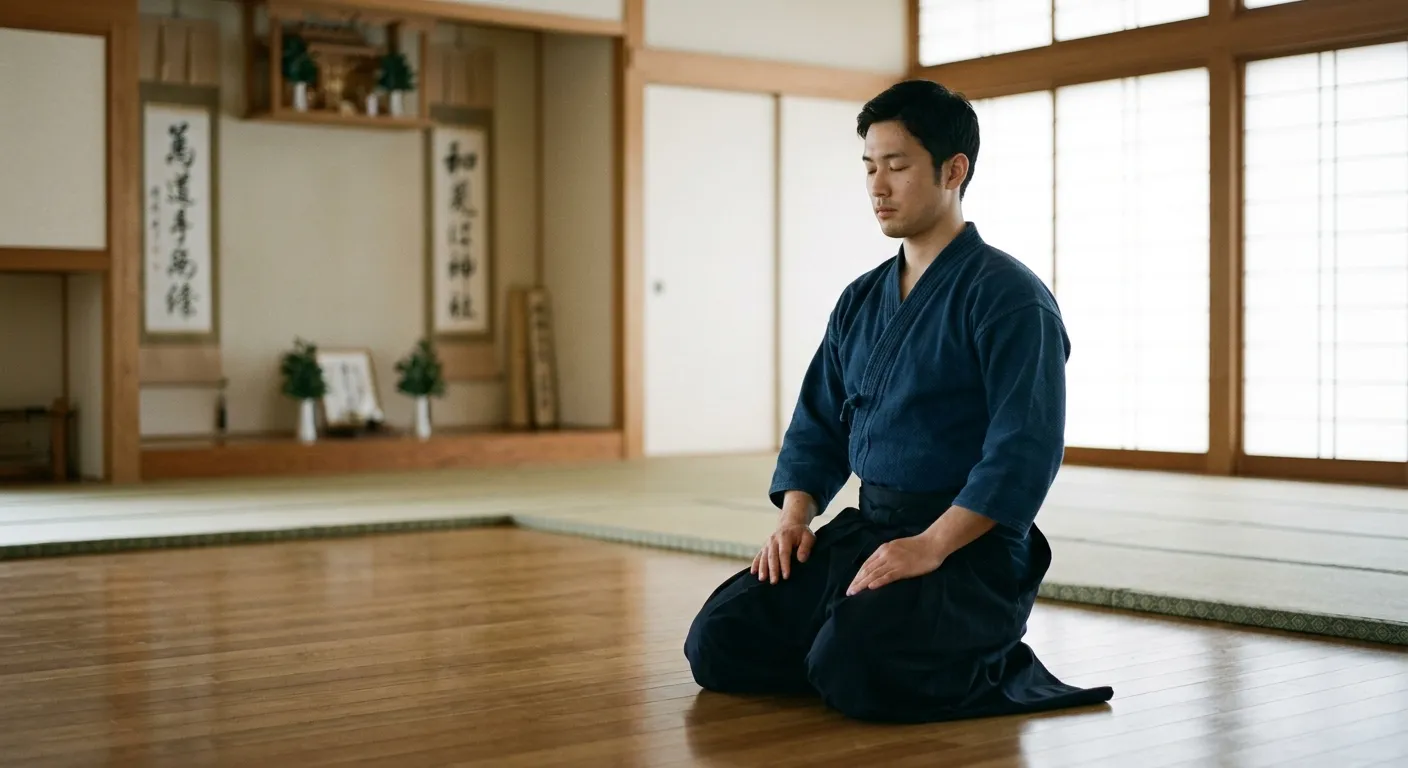 Practicante de budō meditando en seiza antes del entrenamiento, el budō en el contexto cultural japonés