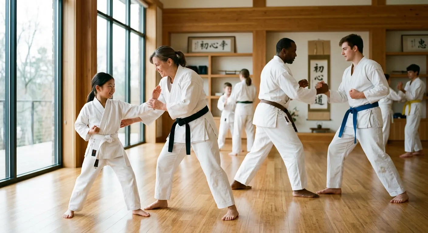 Practicantes de distintas edades entrenando juntos en un dojo moderno, la relevancia del budō en el siglo XXI