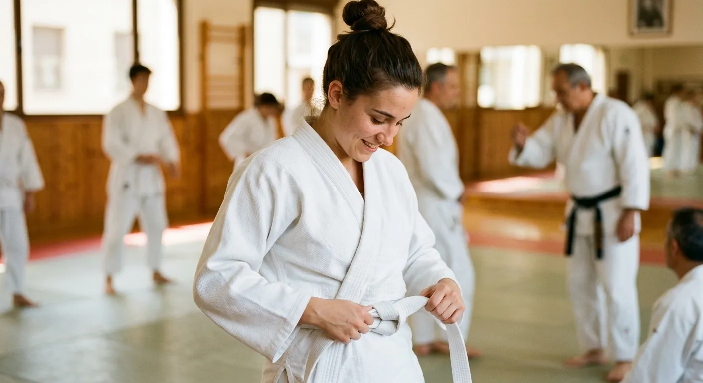 Principiante hispanohablante atándose el cinturón por primera vez en un dojo, cómo empezar el budō