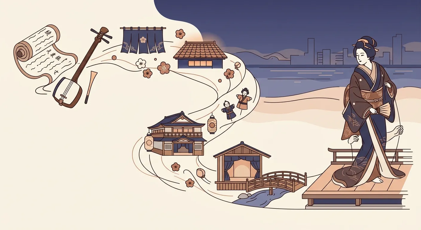Ilustración minimalista de la evolución del bunraku desde el jōruri a lo largo de cuatro siglos en Osaka