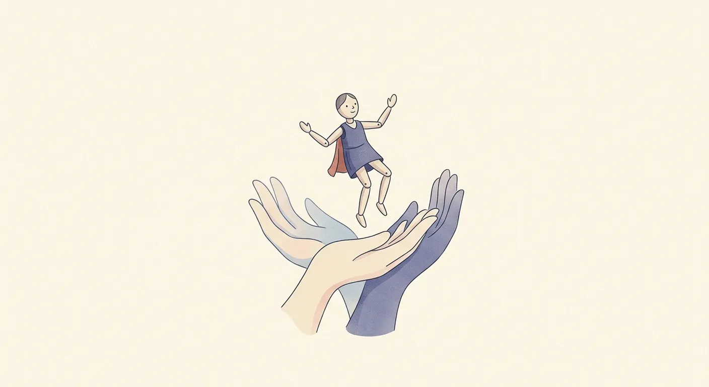 Ilustración minimalista de una marioneta sostenida por tres manos, lo que el bunraku enseña