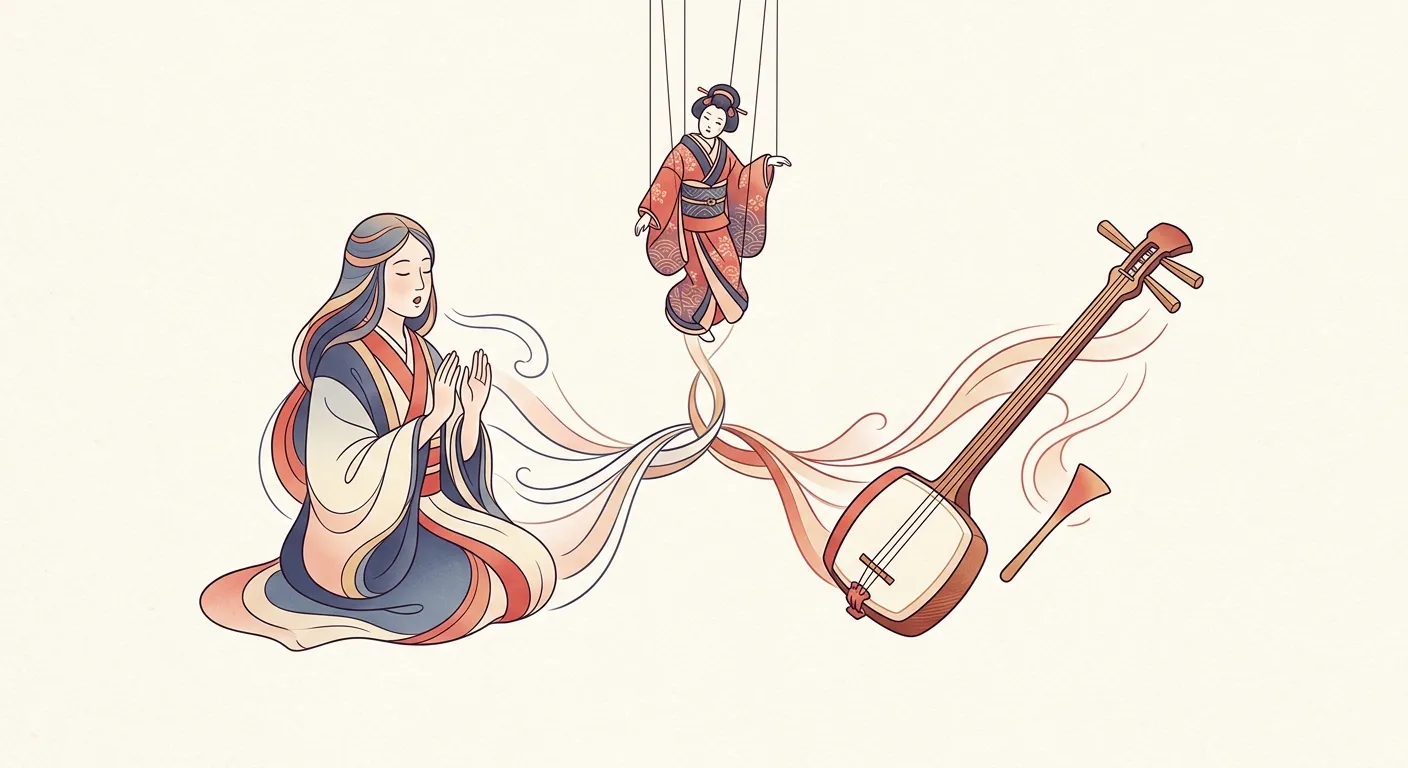 Ilustración minimalista de las tres artes que convergen en una sola obra: narrador, shamisen y titiritero, el sangyō