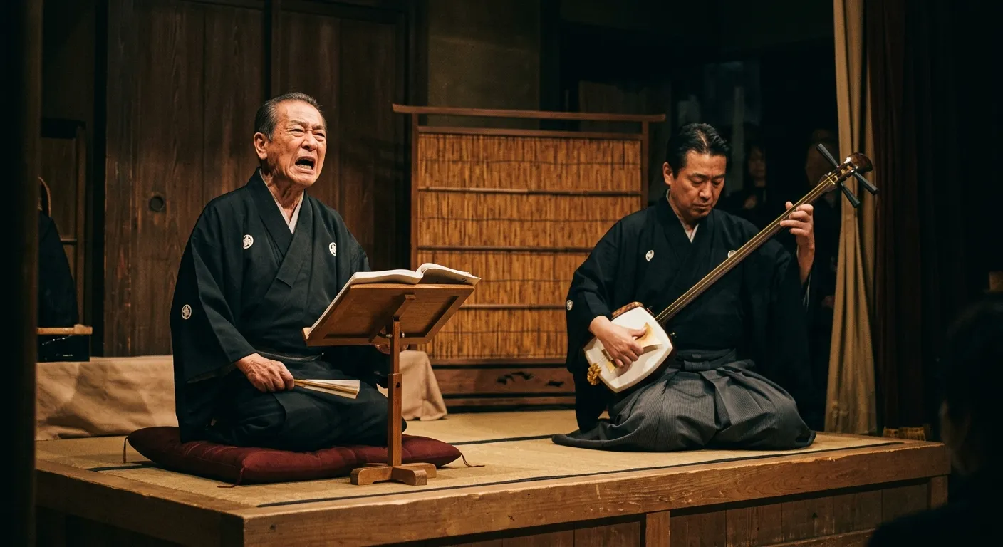 Narrador tayu y músico de shamisen actuando juntos en el bunraku, el gidayū-bushi: voz y shamisen