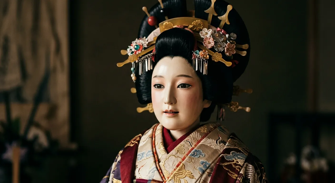 Primer plano del rostro tallado de una marioneta de bunraku, cuerpos que cobran alma