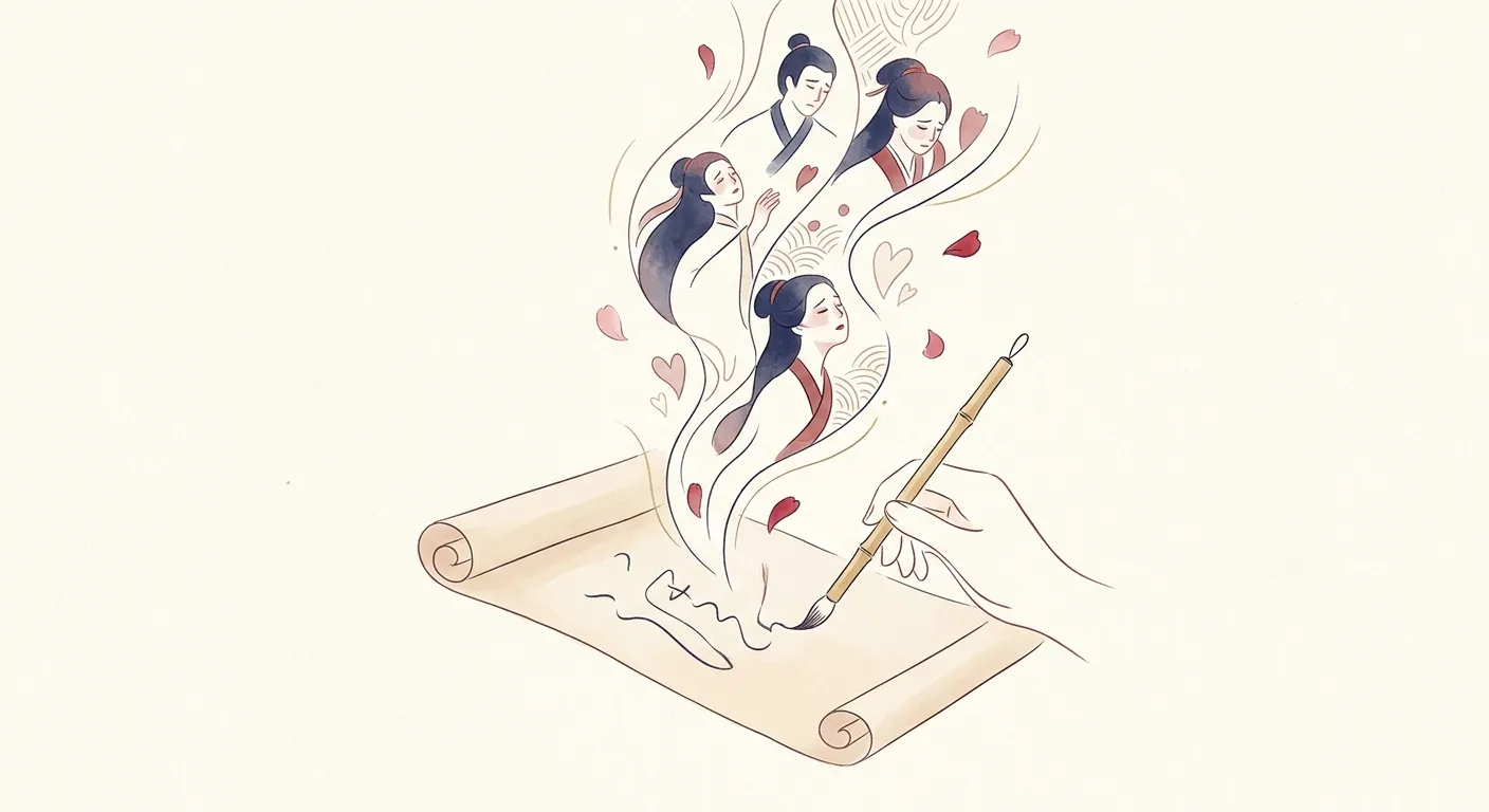 Ilustración minimalista de un pincel y un pergamino del que surgen historias, el dramaturgo Chikamatsu Monzaemon
