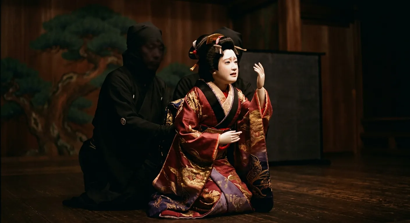 Marioneta de bunraku en una escena emotiva manejada por titiriteros, las obras maestras del repertorio