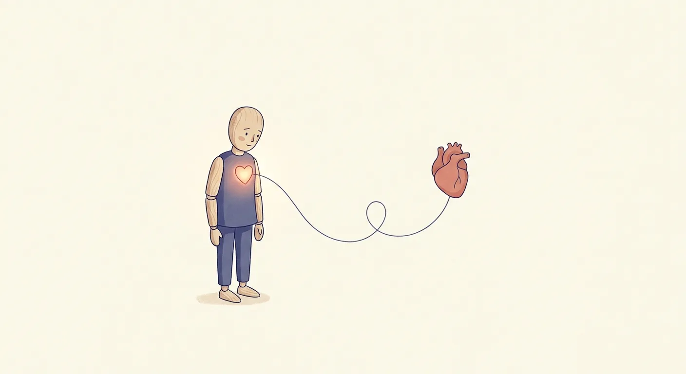Ilustración minimalista de una marioneta con un corazón conectado al humano, la paradoja del bunraku que conmueve