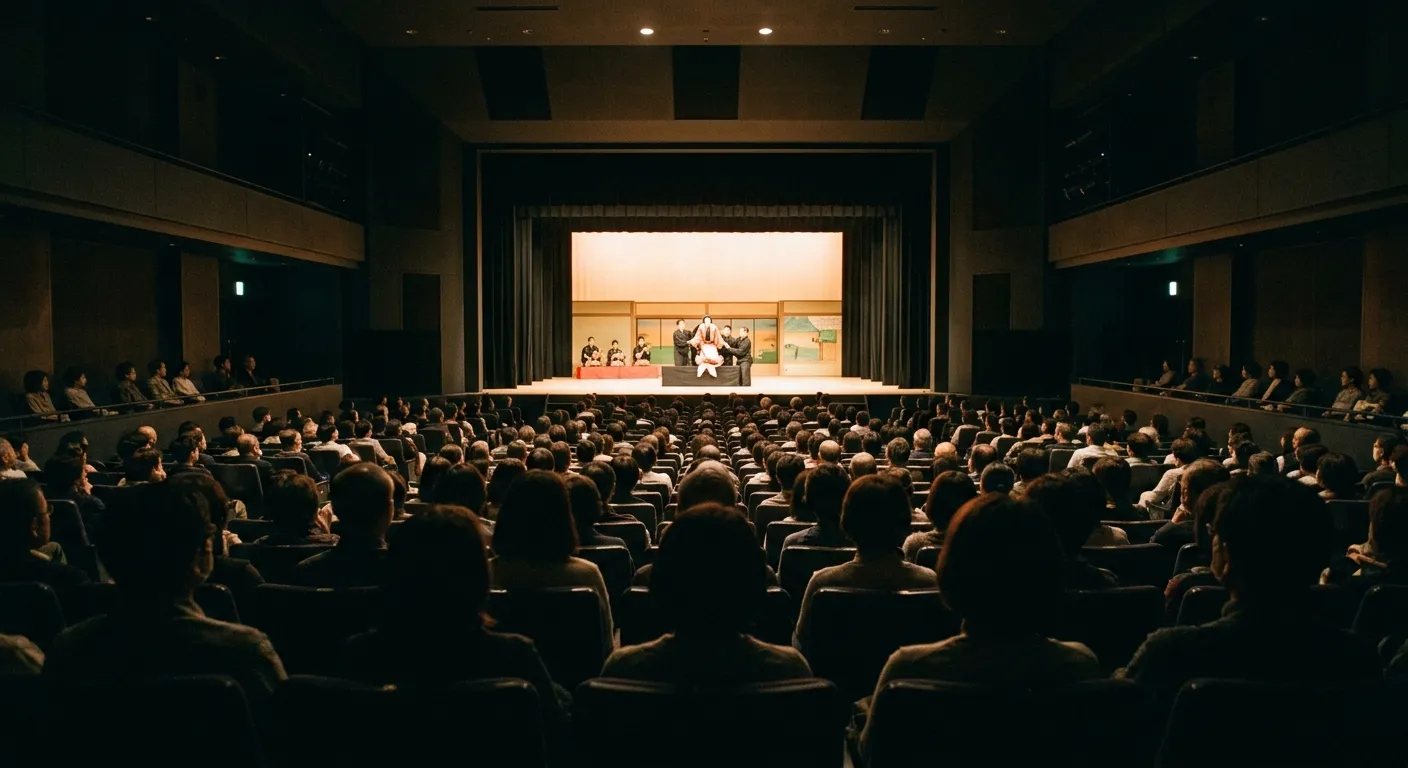 Público en un teatro contemporáneo contemplando una función de bunraku, el bunraku en el siglo XXI