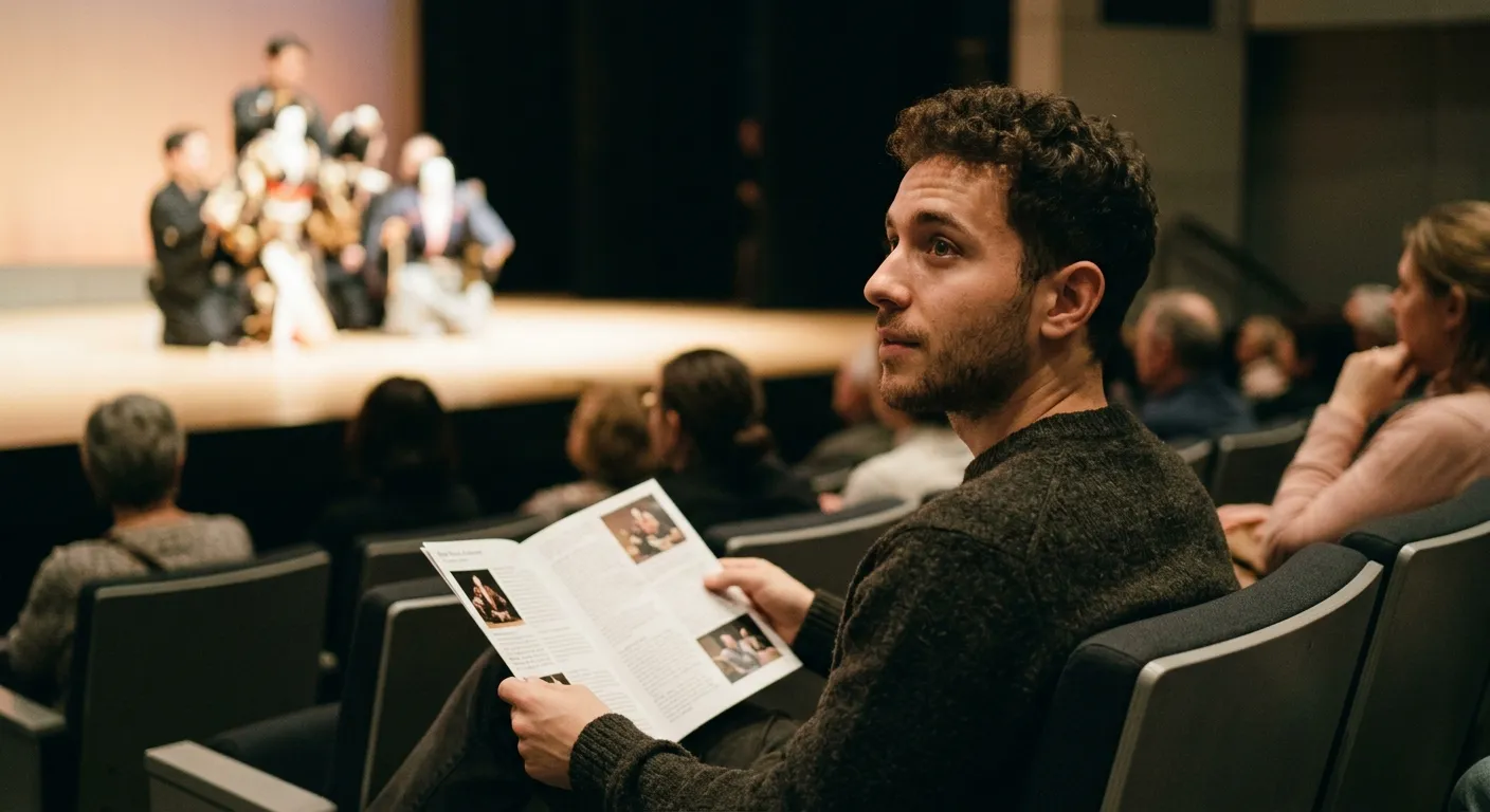 Joven visitante hispanohablante disfrutando de una función de bunraku en el teatro, cómo experimentar el bunraku