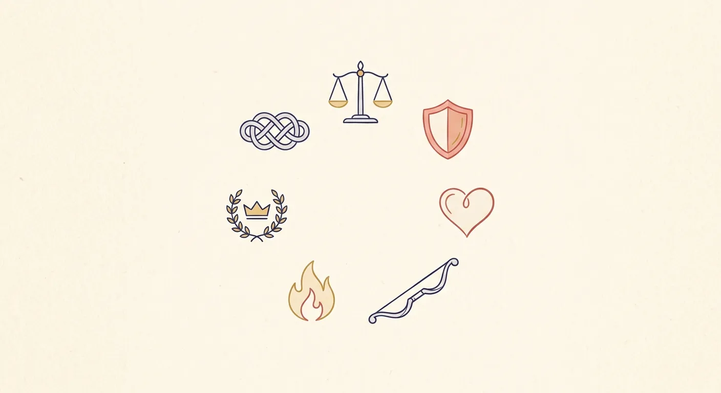 Ilustración minimalista de siete símbolos en círculo que representan las siete virtudes del bushido