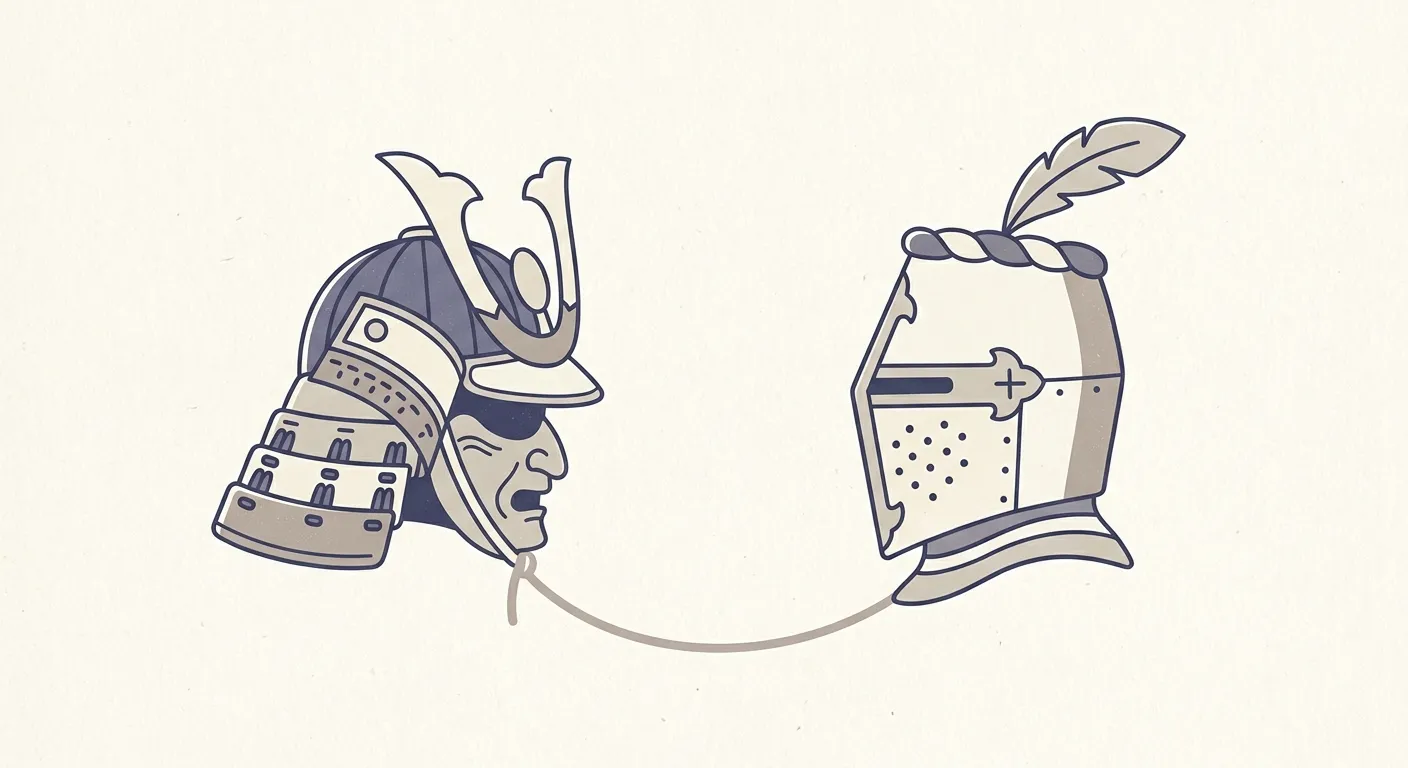 Ilustración minimalista de un casco samurái y uno de caballero enfrentados, bushido y caballería: dos espejos del honor