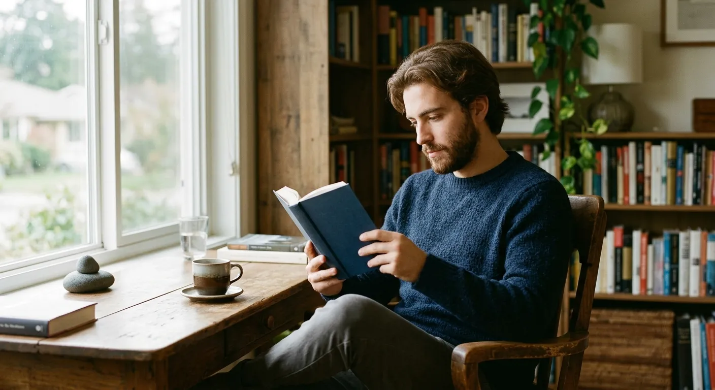 Joven hispanohablante leyendo un libro en un rincón tranquilo, cómo aprender más sobre el bushido