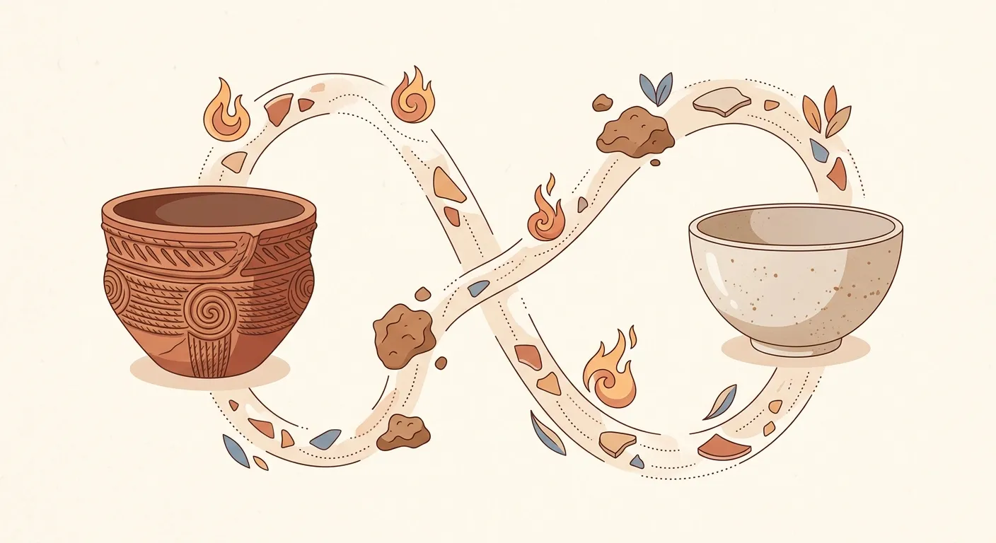 Ilustración minimalista de diez mil años de cerámica japonesa, desde el Jomon hasta hoy, fuego y tierra