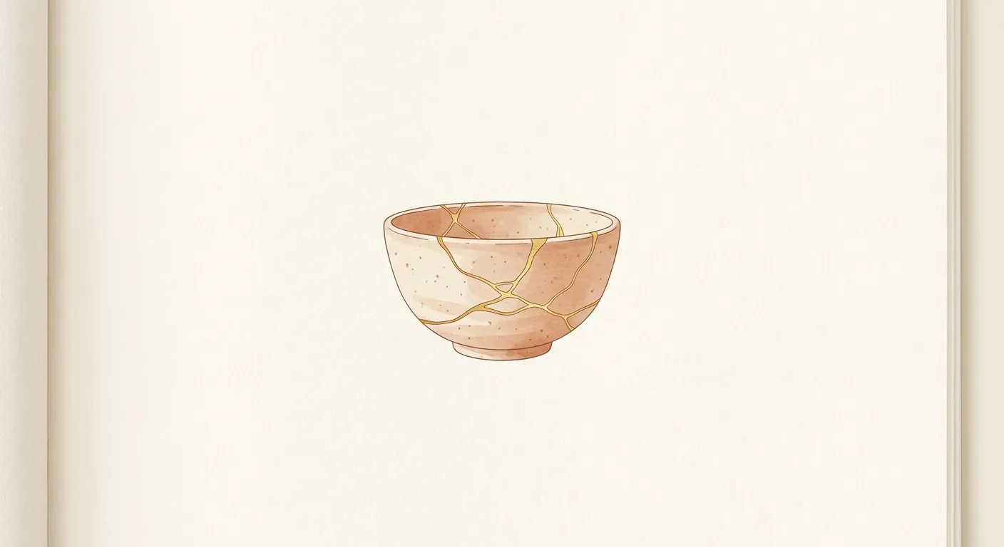 Ilustración minimalista de un cuenco reparado con kintsugi dorado, lo que la cerámica enseña