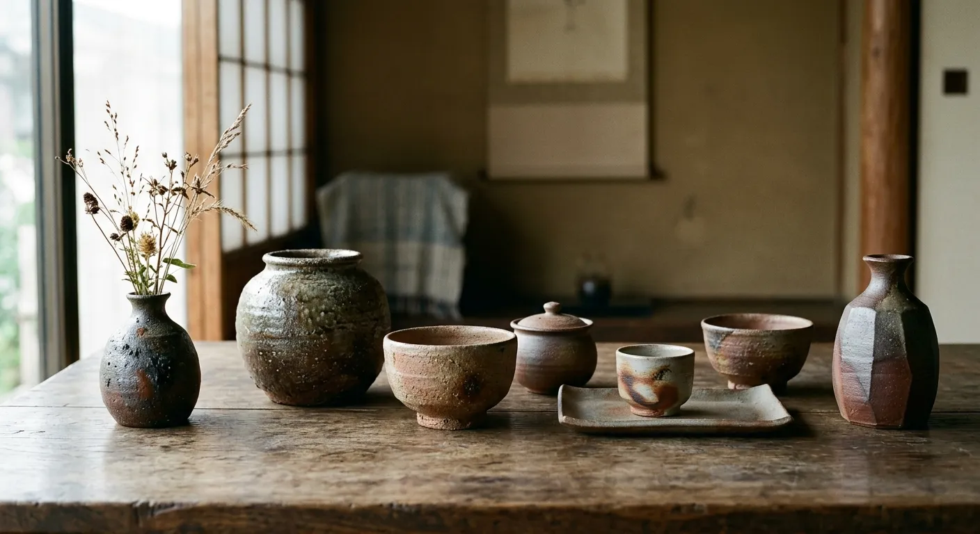 Piezas de gres tradicional japonés de tonos terrosos dispuestas juntas, los seis hornos antiguos