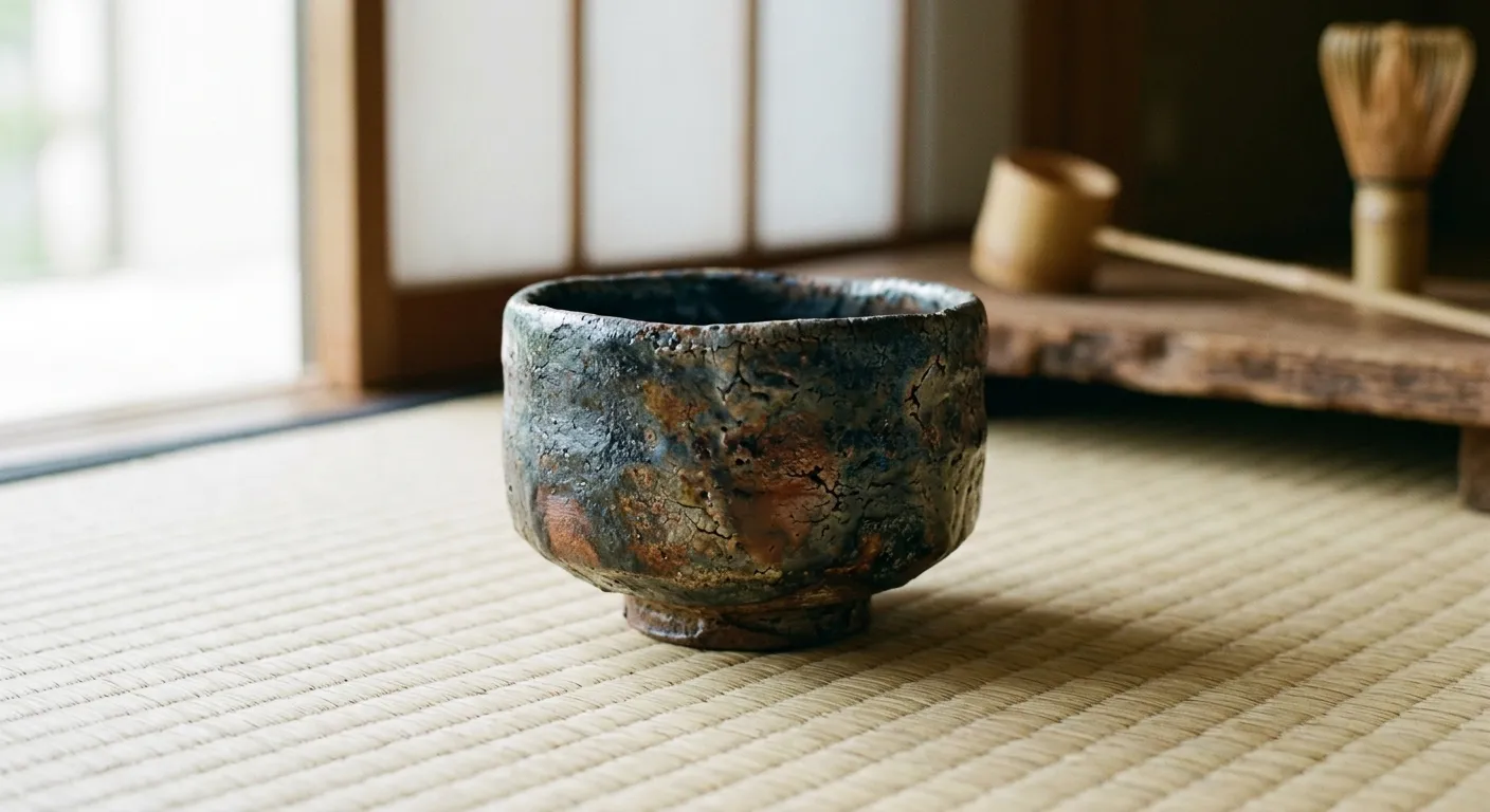 Primer plano de un tazón de té raku hecho a mano sobre tatami, el chatō: cerámica para la ceremonia del té