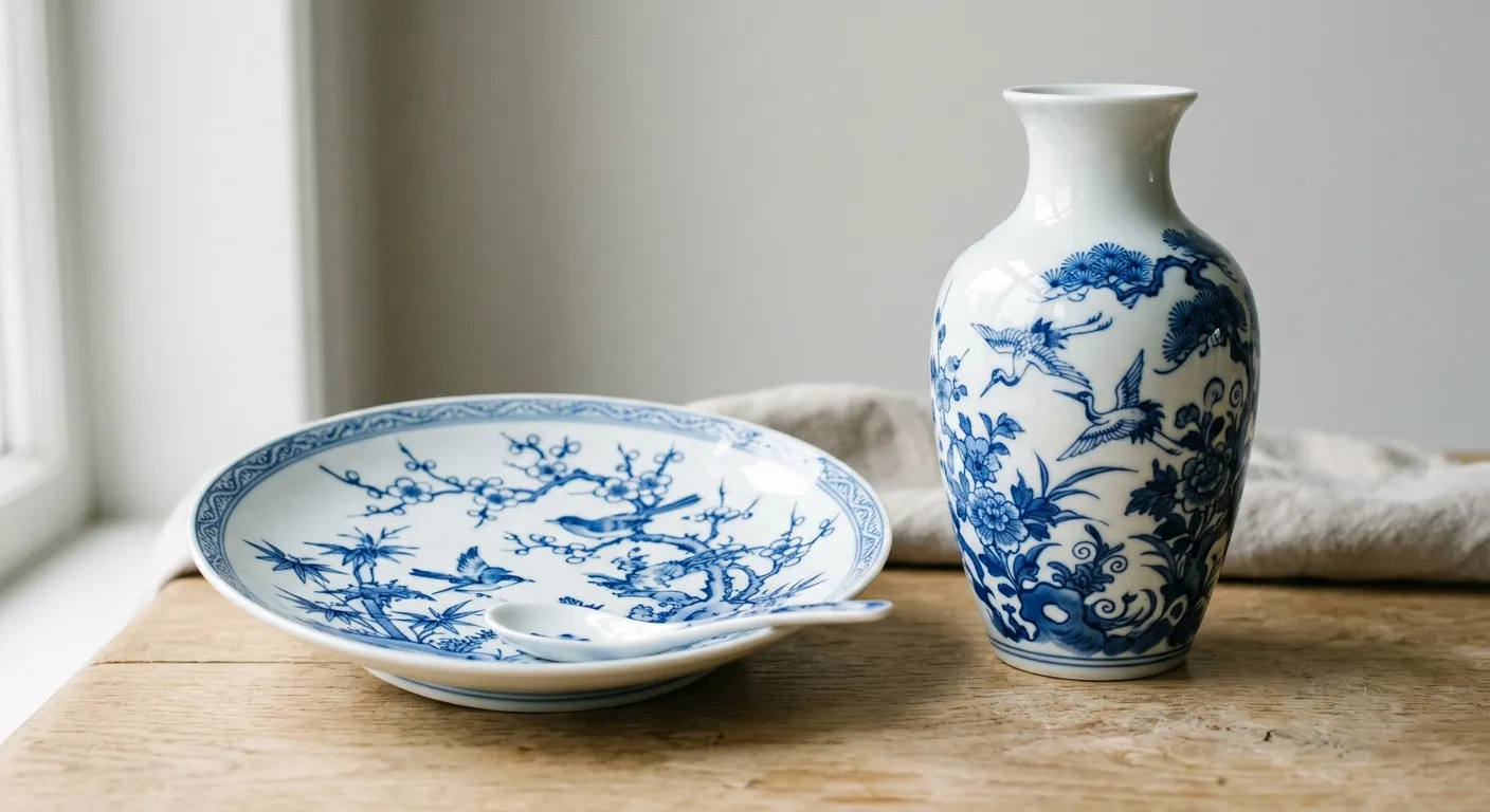 Porcelana japonesa de Arita con motivos azules y blancos pintados a mano, el milagro blanco del Japón