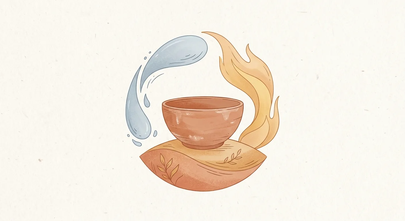 Ilustración minimalista de tierra, fuego y agua alrededor de un cuenco, las técnicas de la cerámica