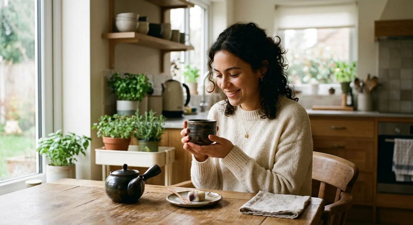 Joven hispanohablante disfrutando de una taza de cerámica japonesa en casa, cómo disfrutar la cerámica en la vida cotidiana