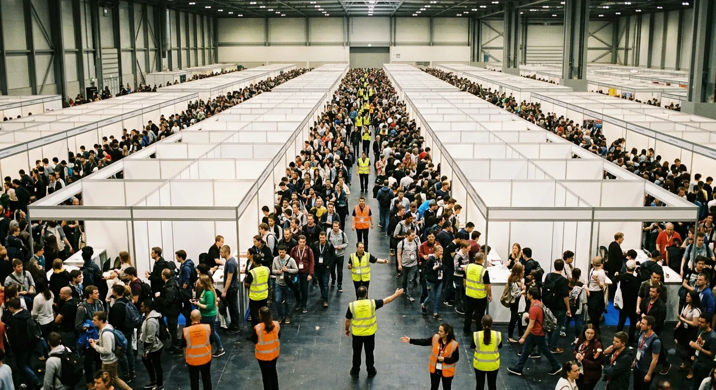 Largas filas ordenadas de puestos y personal guiando a la multitud