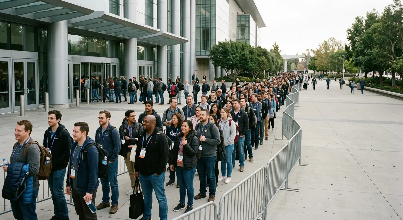 Visitantes hacen cola ordenada frente a un gran centro de convenciones