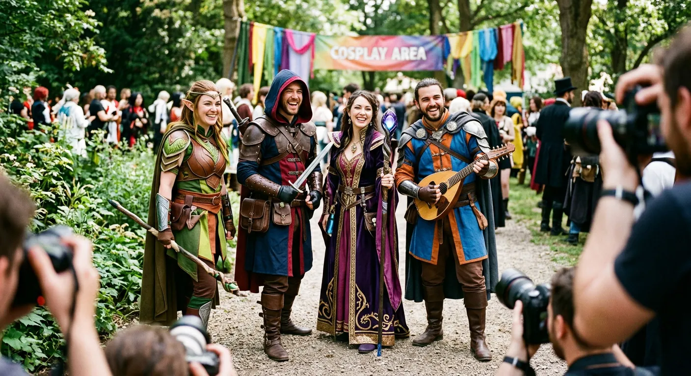 Cosplayers con disfraces originales posan para fotografos en la zona de cosplay