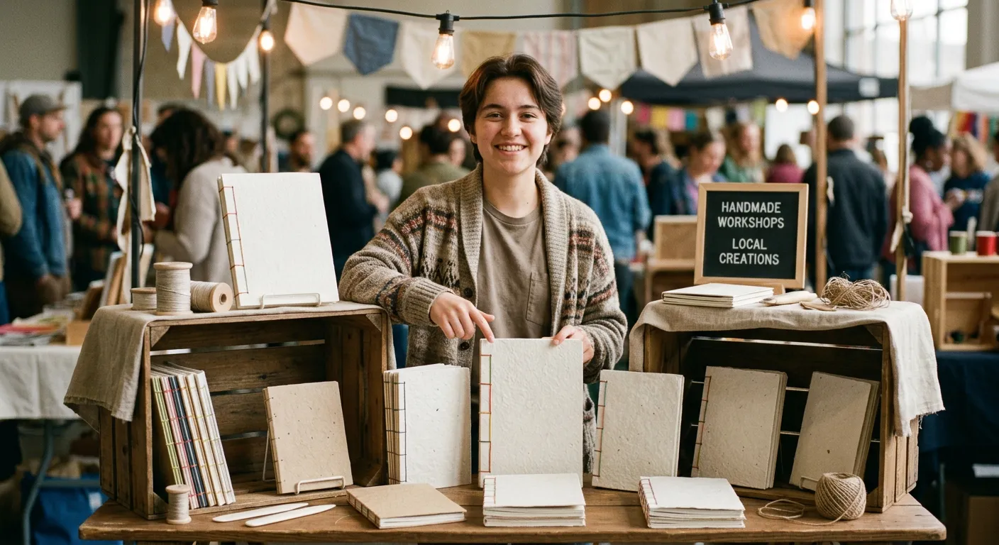 Un joven creador presenta con orgullo sus obras hechas a mano en su puesto