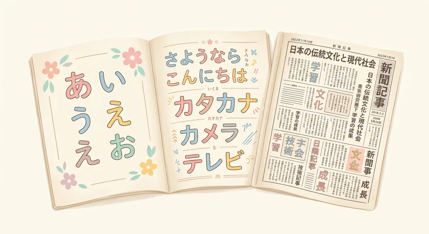 Ilustración de tres páginas de libro mostrando la progresión de hiragana a kanji